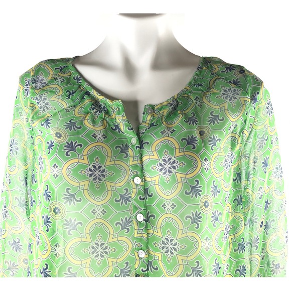Joe Fresh Sheer Top Blouse 3/4 Sleeve Button Front Green Blue Pullover Womens M - Picture 3 of 12